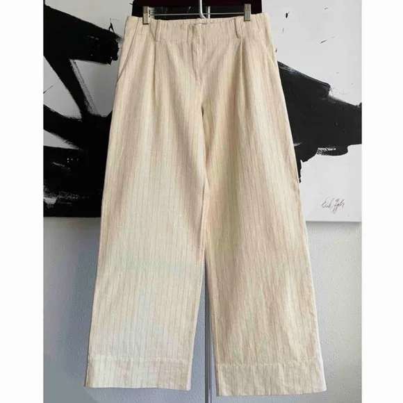Bloomingdales pleated wide leg pinstripe cream linen pants trousers - size 6